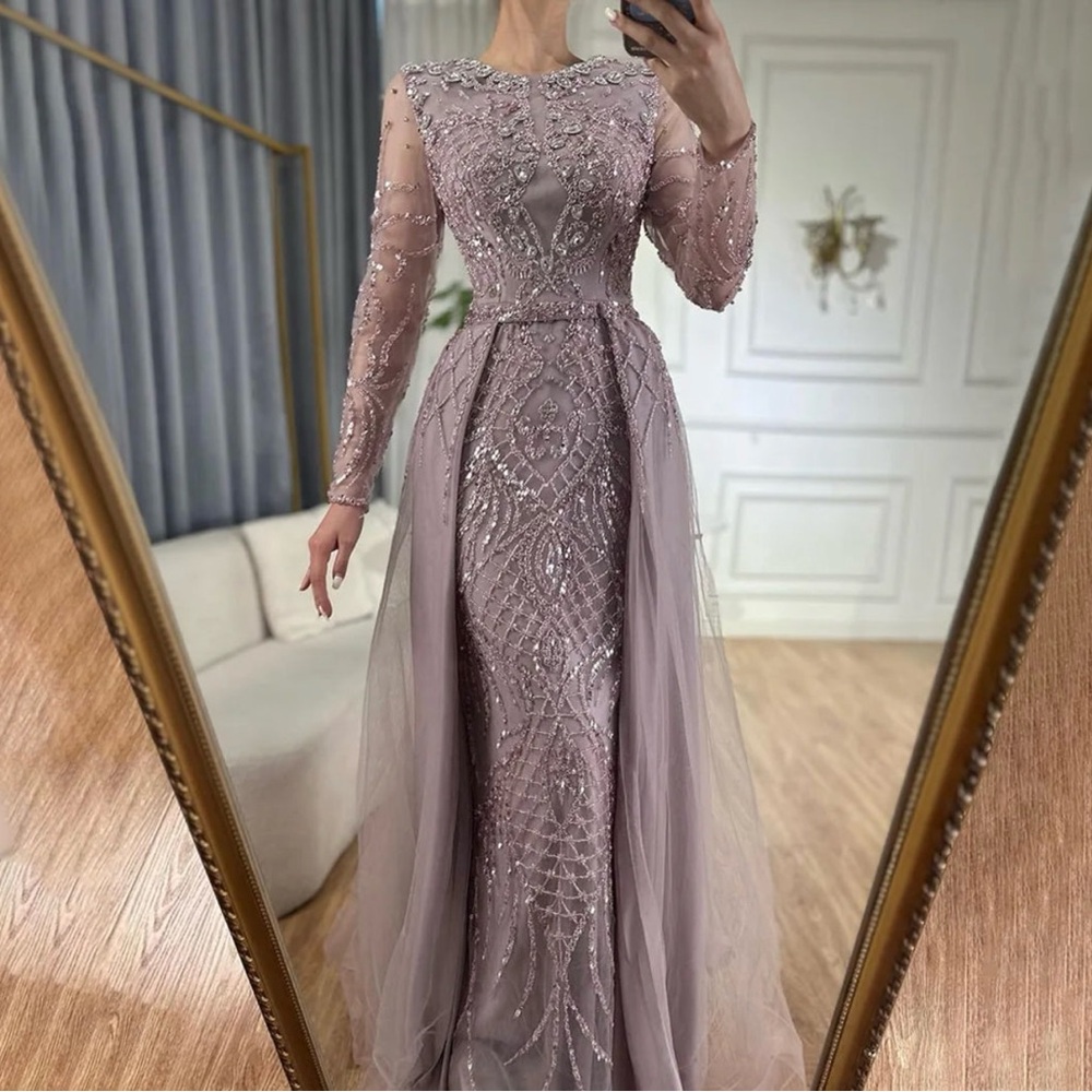 Mauve Pink Formal Evening Gown with Overskirt